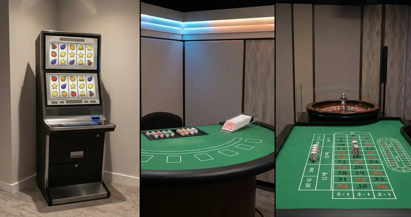 A split editorial scene with slot reels on one side and a live casino table studio on the other